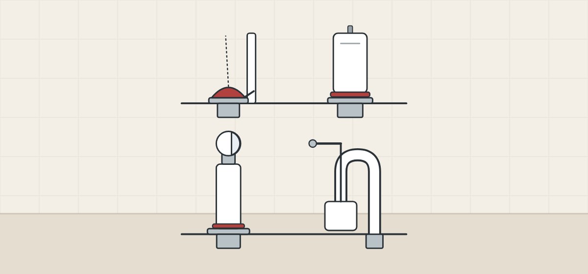 Illustration of four of the flush valve variations: flapper, canister, dual-flush tower and siphon
