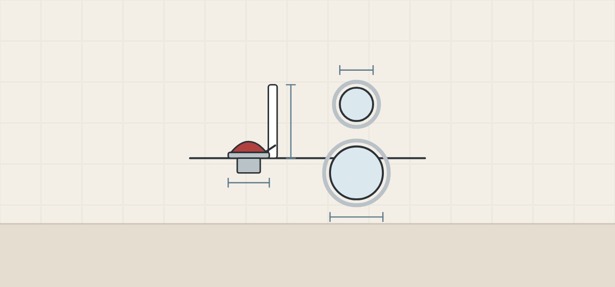 Illustration of a flush valve with measurement lines beside a small and a large valve opening seen from above