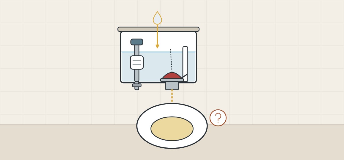 Illustration of a drop of dye falling into a cistern and tinted water appearing in the bowl below