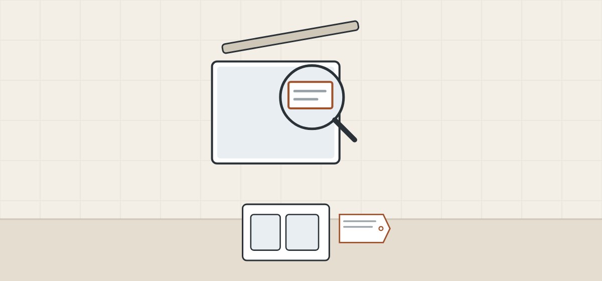 Illustration of a magnifier over a marking inside an open cistern, above a flush plate with a tag