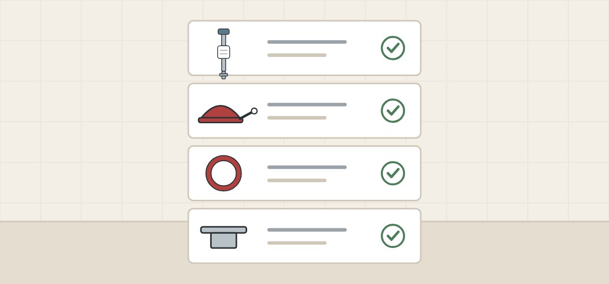 Illustration of a four-row spare parts list showing a fill valve, a flapper, a ring seal and a valve seat, each ticked