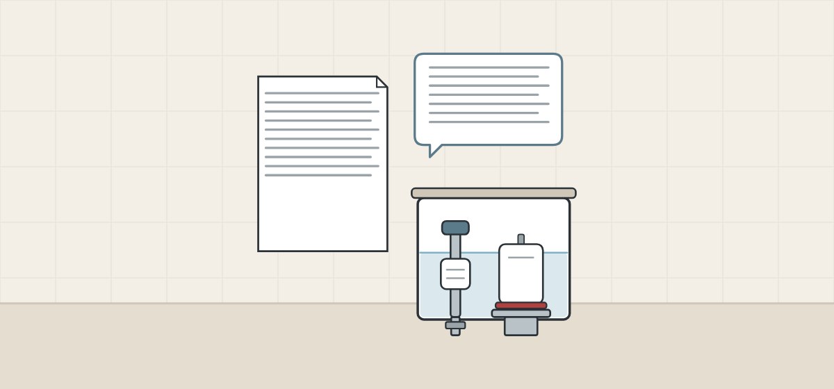 Illustration of a document, a message bubble and a cistern with a fill valve and a canister flush valve