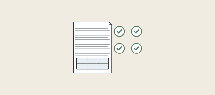 Illustration: a specification sheet with a small table, beside four ticks