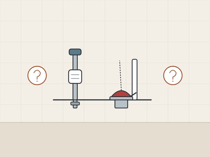 Illustration of a fill valve and a flush valve between two question marks