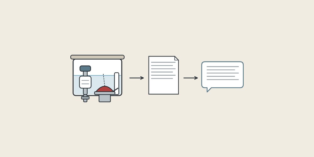 Illustration of a cistern, a parts document and a message bubble linked by arrows