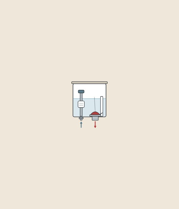 Illustration of a cistern in section with a fill valve, a flush valve and arrows for water coming in and going out