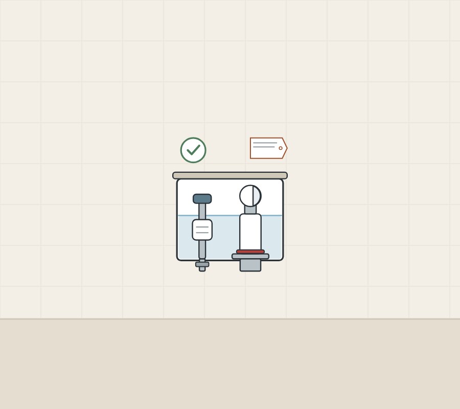 Illustration of a cistern with its two valves, a tag and a tick