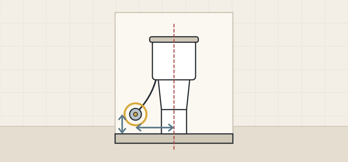 Illustration of a toilet seen from the front with a supply stop on the wall, marked by its distance from the center line and its height above the floor