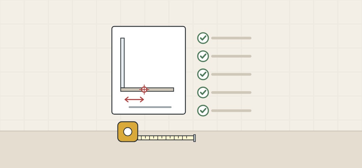 Illustration of a site sketch with a marked outlet center, a tape measure and a ticked checklist