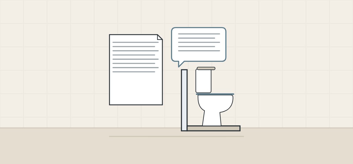 Illustration of a document, a message bubble and a toilet standing against a wall