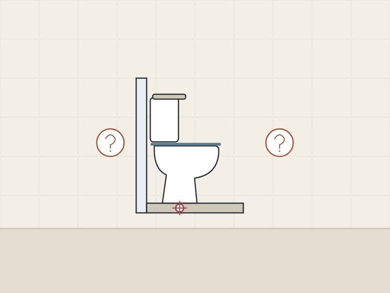Illustration of a toilet against a wall with its outlet center marked, between two question marks