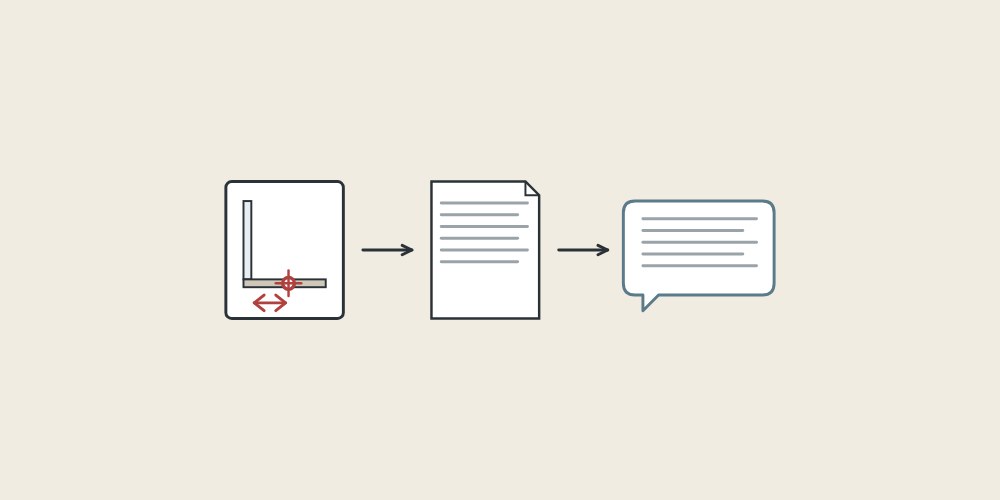 Illustration of a site sketch, a drawing sheet and a message bubble linked by arrows
