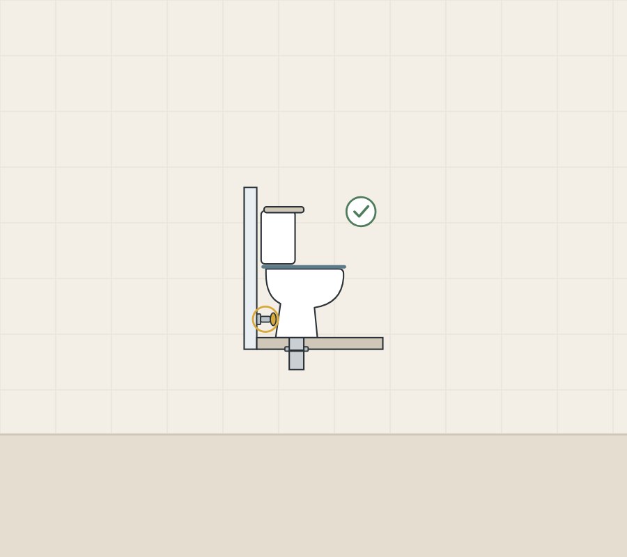 Illustration of a toilet over its floor drain with the supply stop circled and a tick