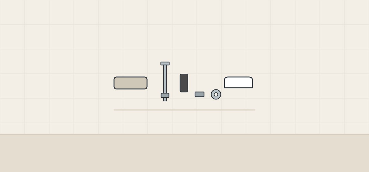 Illustration of a seat fixing kit laid out: hinge block, bolt, anchor plug, nut, washer and cover