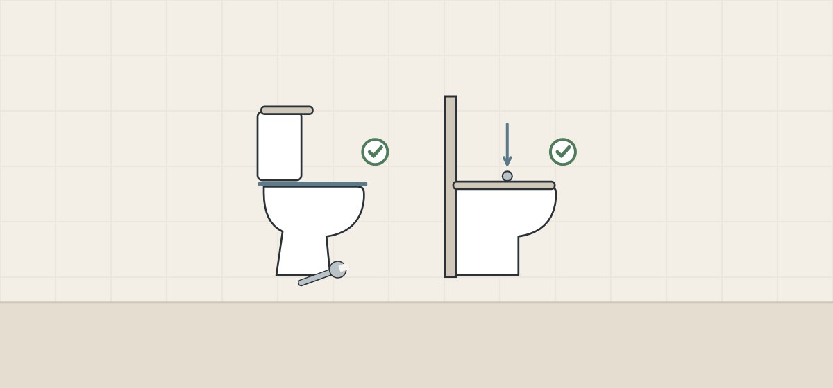 Illustration of a close-coupled toilet with an open underside beside a back-to-wall pan fixed from above