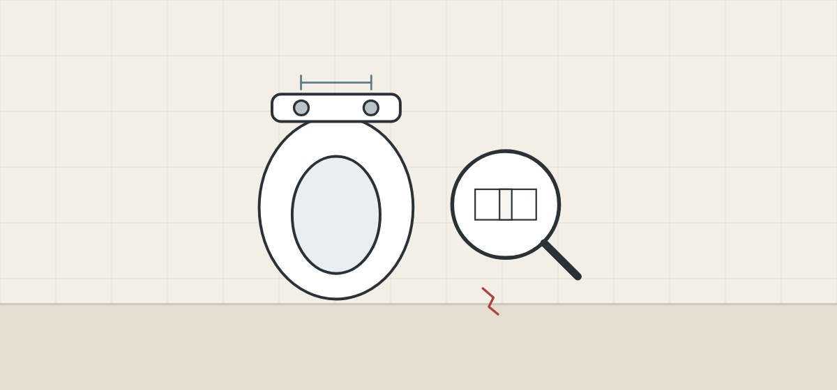 Illustration of hole spacing on a toilet seat, a magnifier over the rim hole and a crack mark