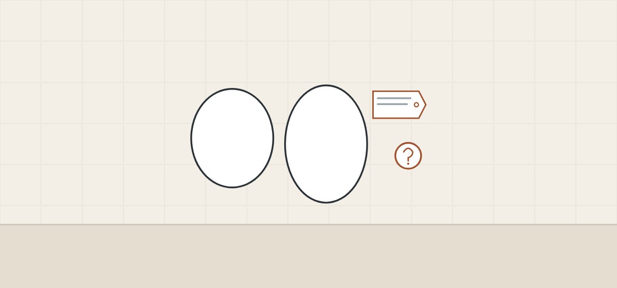Illustration of round and elongated bowl outlines beside a product tag and a question mark