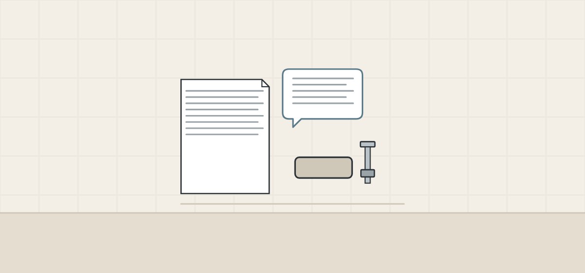 Illustration of a drawing sheet, a message bubble, a hinge block and a bolt