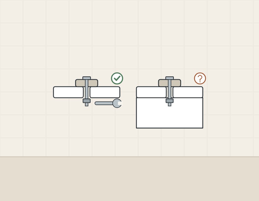 Illustration of two seat fixings in section: an open underside reached by a spanner, and an enclosed pan with no access below