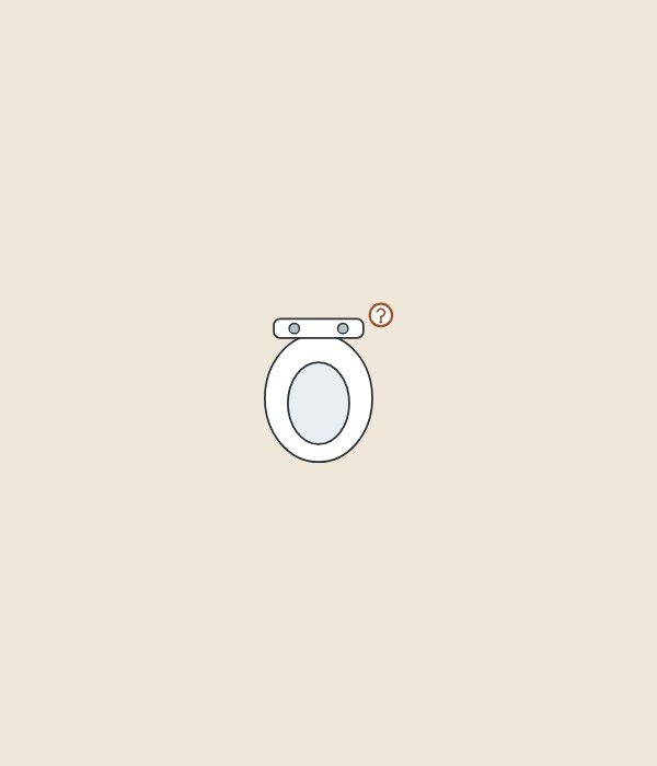 Illustration of a toilet seat from above with its two rear fixing points and a question mark