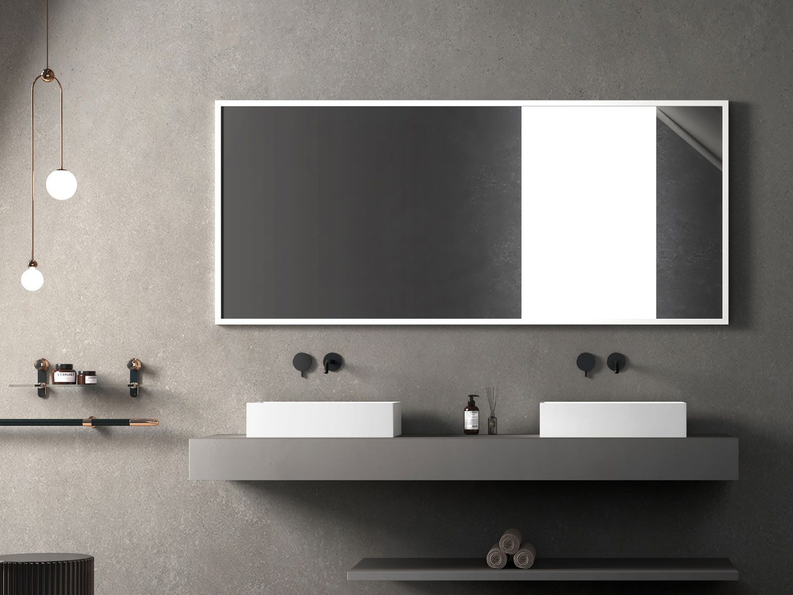 A long wall-hung vanity beneath a wide lit mirror