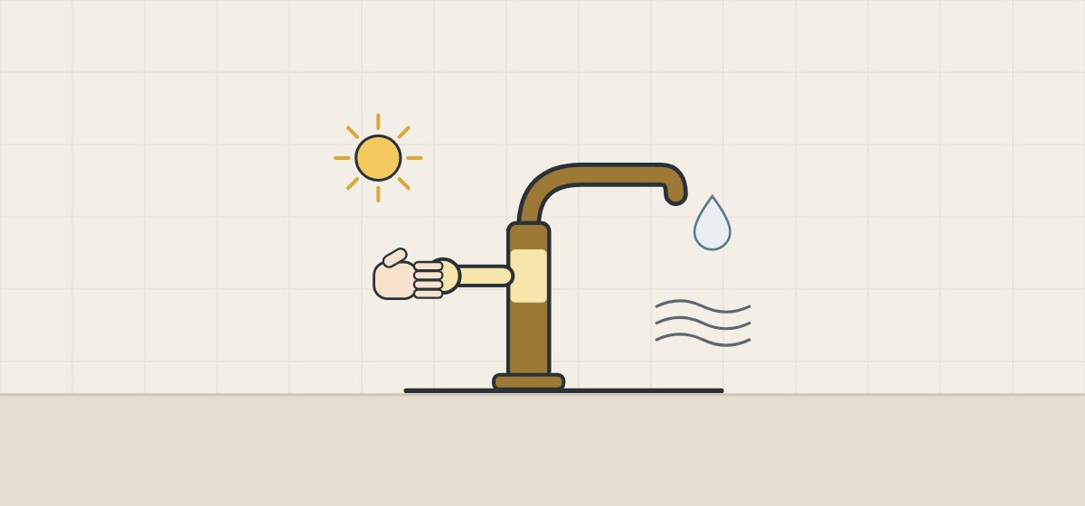 Illustration of an aged brass faucet with a hand on its lever, a sun, a water drop and moving air