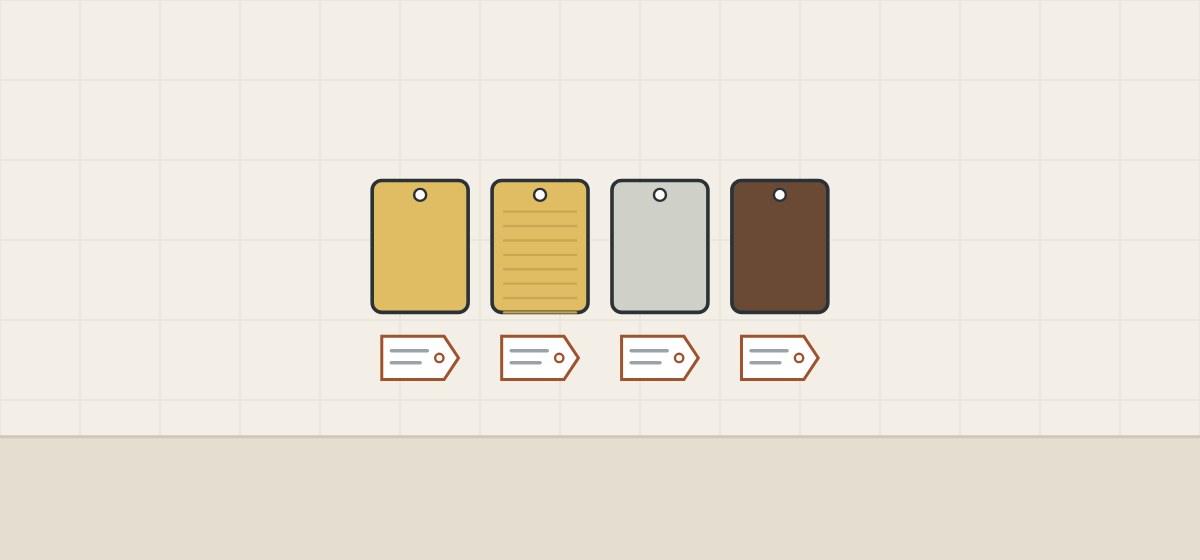 Illustration of four tagged finish sample plates in brass, brushed brass, nickel and bronze tones