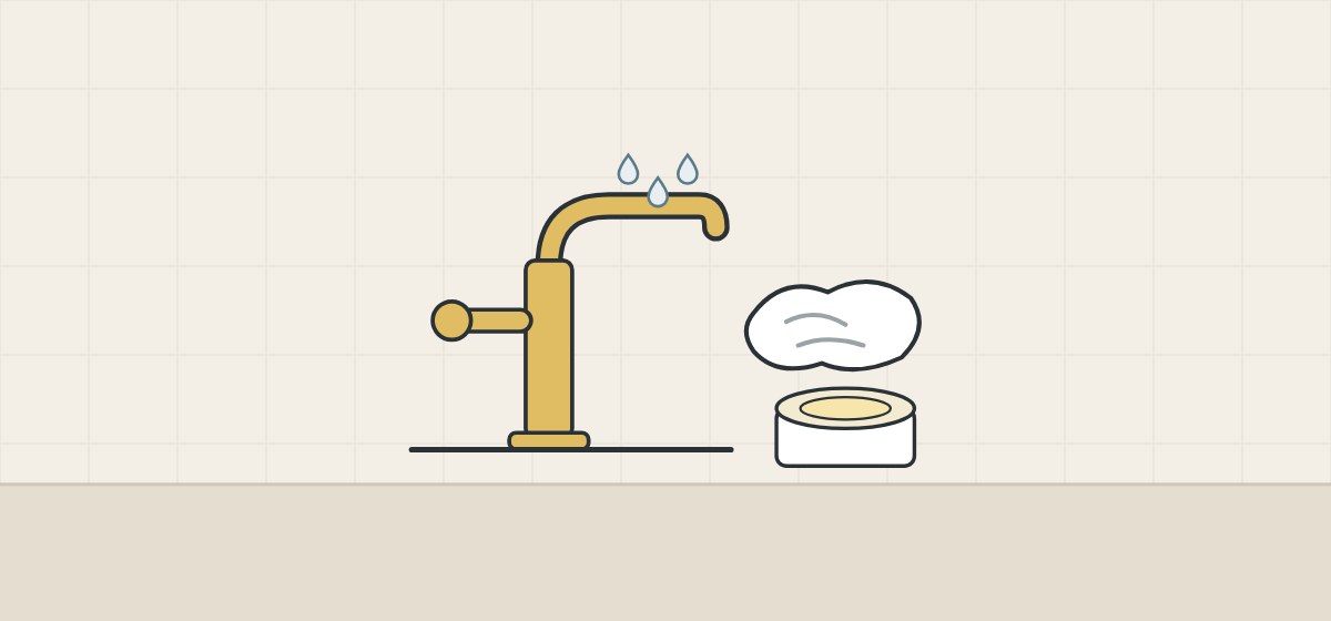 Illustration of a brass faucet with water drops beside a cloth and an open tin of wax