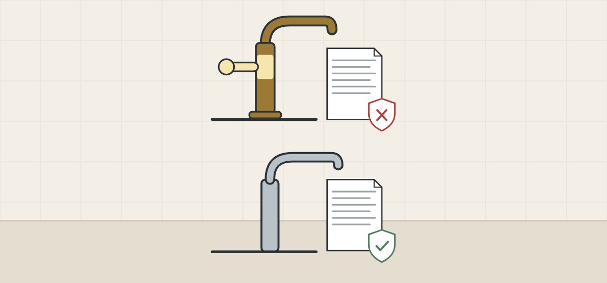 Illustration of an aged brass faucet with a crossed shield above a coated faucet with a ticked shield