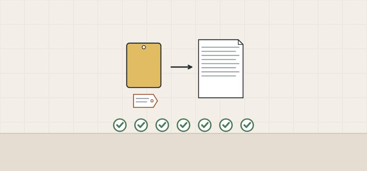 Illustration of a tagged brass sample plate, a record document and a row of seven ticks