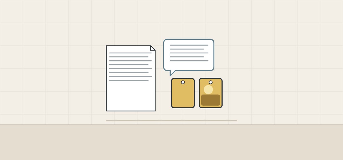 Illustration of a document, a message bubble and two brass sample plates, one even and one patchy