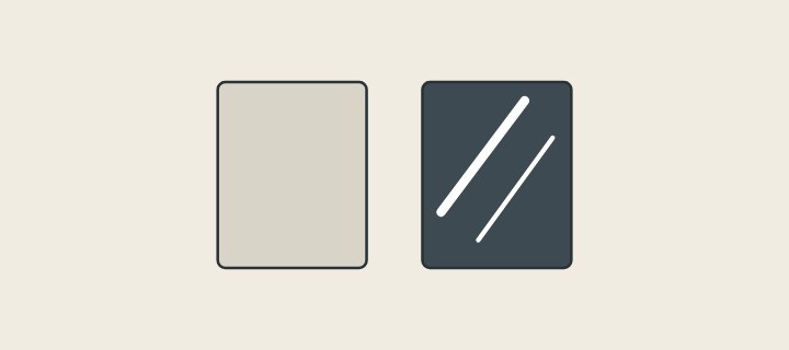 Illustration: a flat matte panel beside a dark gloss panel with reflection streaks