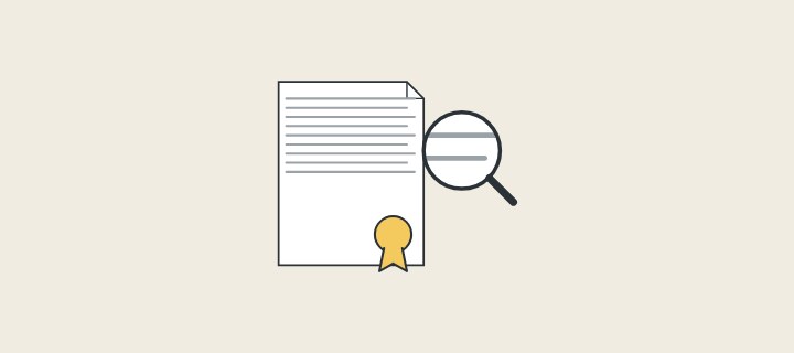 Illustration: a certificate with a seal and a magnifier over its text lines