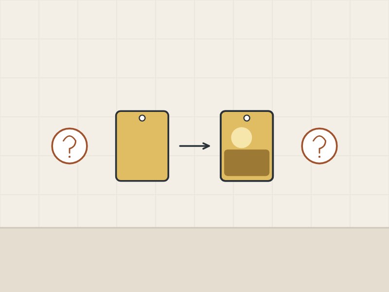 Illustration of an even brass sample plate and a patchy one between two question marks