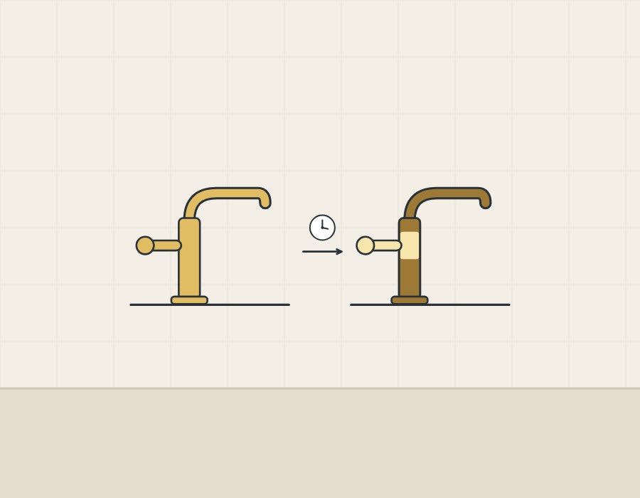Illustration of a uniformly bright brass faucet and the same faucet later with a lighter lever and darker body