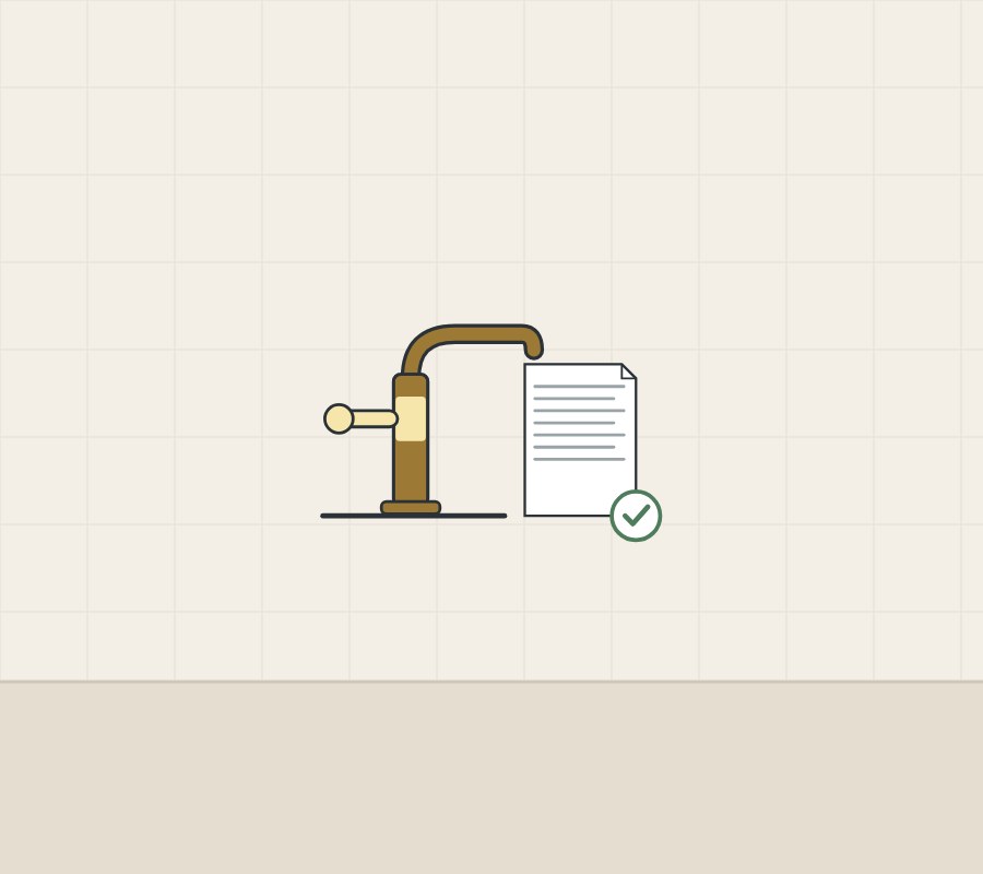 Illustration of an aged brass faucet with a lighter lever beside a ticked document