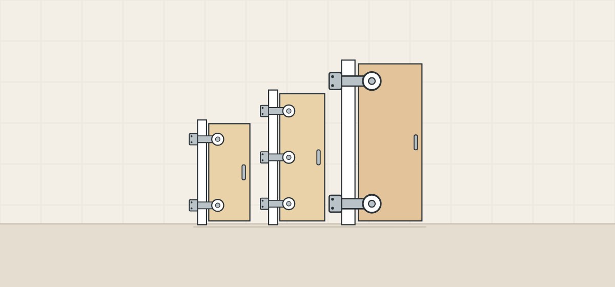 Illustration of three doors of growing size with two hinges, three hinges and two larger hinges