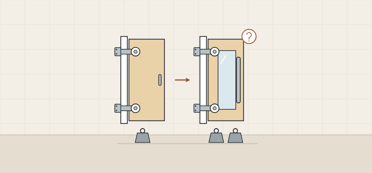 Illustration of a plain door changed to a door with a mirror insert and a long handle, with more weight and a question mark