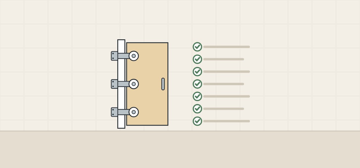 Illustration of a door with three hinges beside a checklist of seven checked lines