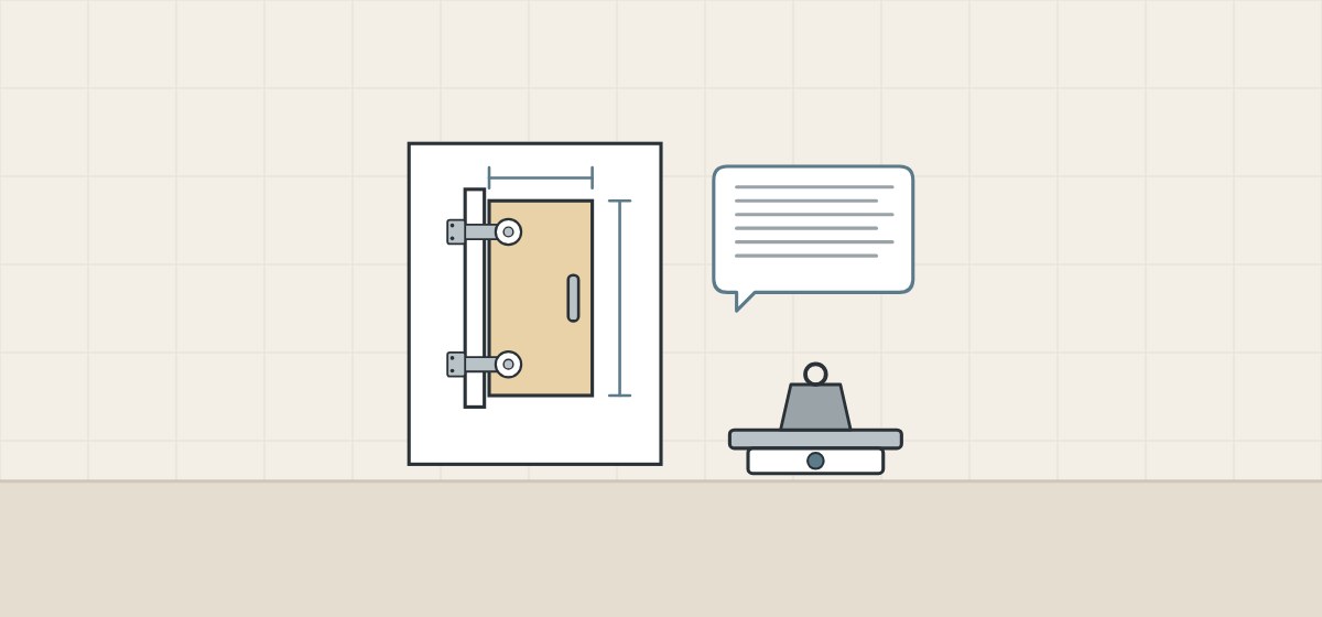 Illustration of a door drawing with brackets, a message bubble and a weight on a scale