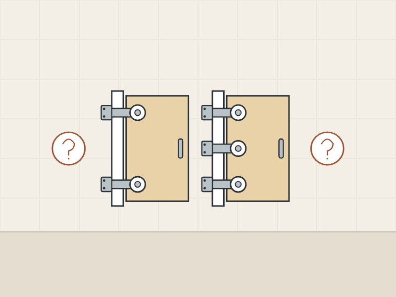 Illustration of a door with two hinges and a door with three hinges between two question marks