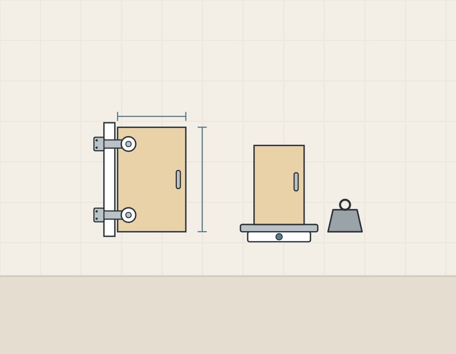 Illustration of a door with width and height brackets beside the same door standing on a scale