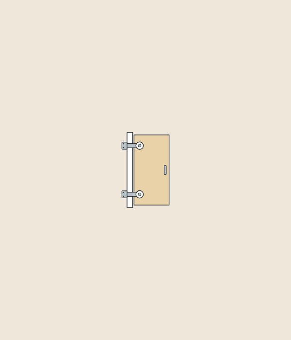 Illustration of the inside face of a tall cabinet door with two concealed hinges and a handle