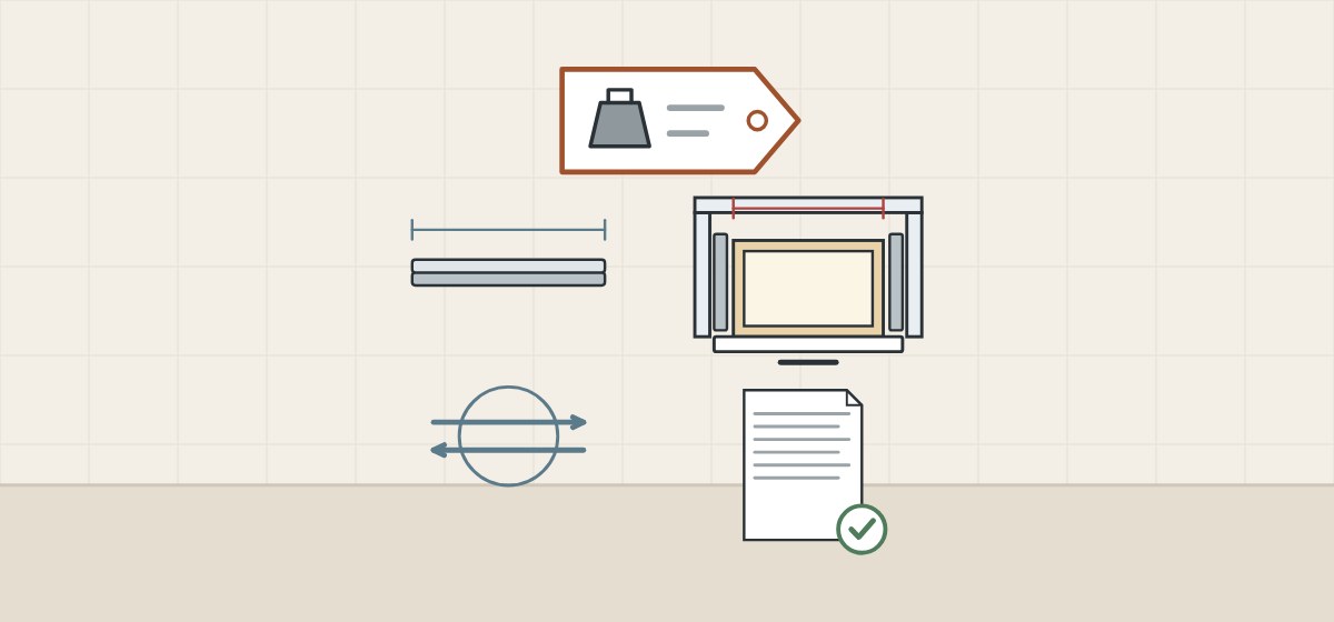 Illustration of a rating tag above a slide length, a test drawer width, cycle arrows and a standard document