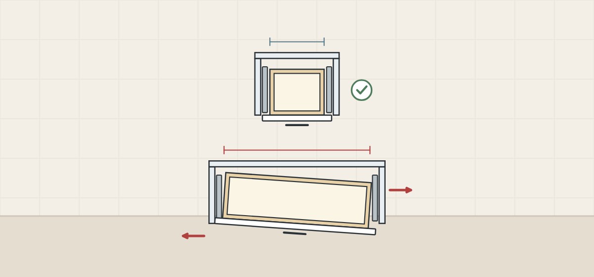 Illustration of a narrow drawer square between its runners above a wider drawer of the same depth turned out of square