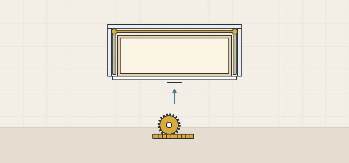 Illustration of a wide drawer seen from above with a rod across the back and, below, an enlarged toothed wheel on a rack