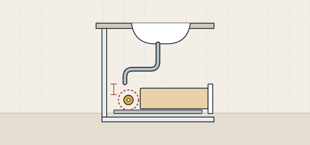 Illustration of a vanity in side section with a rod seen end-on behind the drawer, near the waste pipe