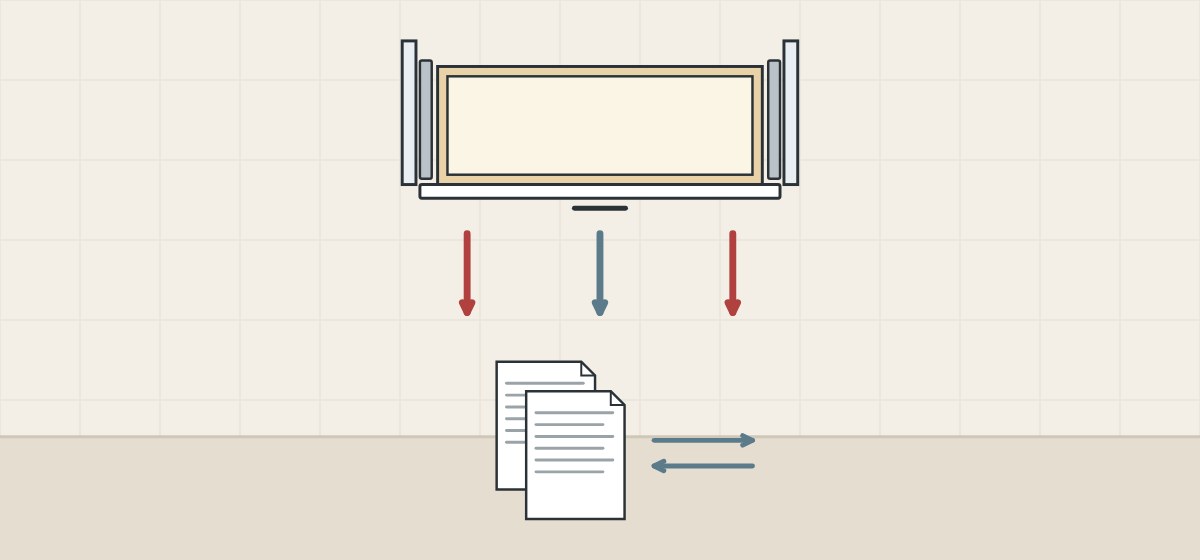 Illustration of a drawer seen from above pulled at the centre and at each end, beside two test documents