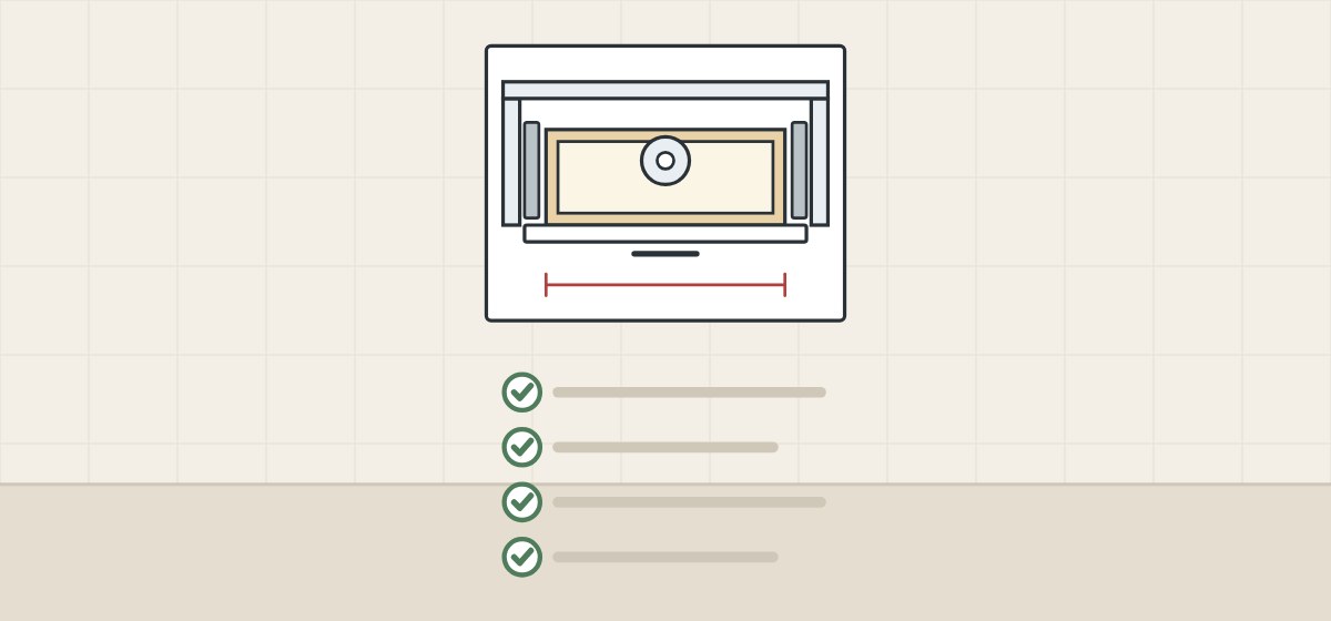 Illustration of a drawing sheet with a wide drawer plan and drain position above a ticked checklist
