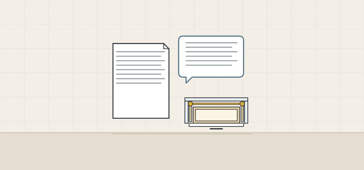 Illustration of a document, a message bubble and a small plan of a wide drawer with a rod across the back